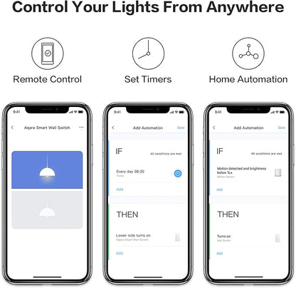 Aqara Smart Light Switch (No Neutral, Double Rocker), Requires AQARA HUB, Zigbee Light Switch, Remote Control and Smart Home Automation, Compatible with HomeKit, Google, Works with Alexa, SmartThings