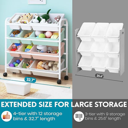 Kids Toy Storage Organizer with 12 Plastic Bins, 4-Tier Metal Toy Storage Rack, Metal Toy Organizer with Storage Bins for Kids Room, Playroom and Nursery, Multi-Color