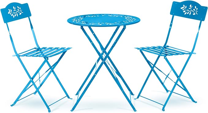 Alpine Corporation Indoor/Outdoor 3-Piece Bistro Set Folding Table and Chairs Patio Seating, Blue