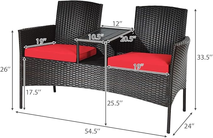 LUARANE Outdoor Rattan Sofas, Contract Patio Conversation Set Wicker Sofa Set with Built-in Coffee Table, Patio Furniture Set with Cushions, Rattan Loveseat for Lawn Backyard Garden (Brown+Red)