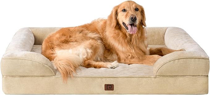 EHEYCIGA Orthopedic Dog Beds for Large Dogs, Waterproof Memory Foam Large Dog Bed with Sides, Non-Slip Bottom and Egg-Crate Foam Large Dog Couch Bed with Washable Removable Cover, Greige