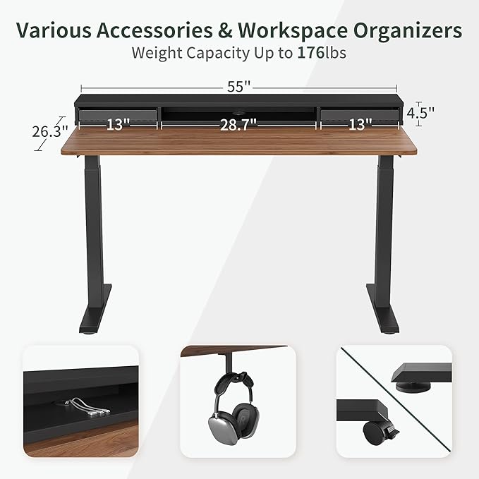 FEZIBO 55 x 24 Inch Height Adjustable Electric Standing Desk with Double Drawers, Stand Up Desk with LED Strips, Sit Stand Desk with Monitor Stand, Blcak Walnut