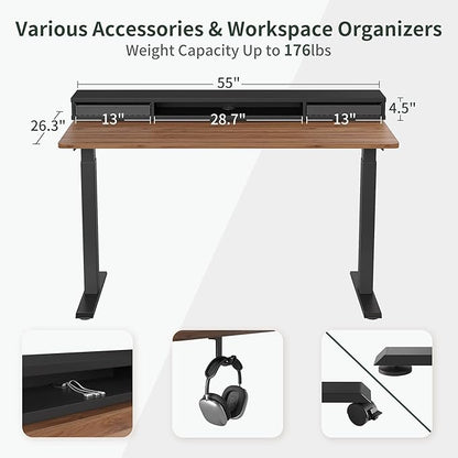 FEZIBO 55 x 24 Inch Height Adjustable Electric Standing Desk with Double Drawers, Stand Up Desk with LED Strips, Sit Stand Desk with Monitor Stand, Blcak Walnut