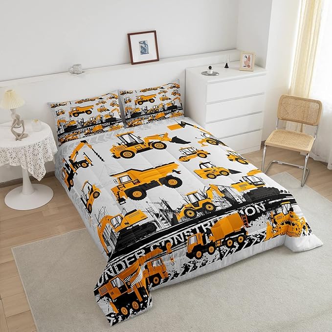 Feelyou Under Construction Comforter Set Vehicles Truck Car Bedding Set for Kids Boys Girls Children Cartoon Excavator Comforter Room Decor Machinery Bulldozer Crane Duvet Set Queen Size