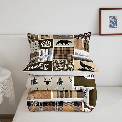 Rustic Farmhouse Kids Comforter Set Twin Size,Deer Antlers Bear Paws Plaids Patchwork Bedding Set for Boys Girls Adults Room Decor,Pine Trees Xmas Down Comforter,Brown Duvet Insert,1 Pillowcase