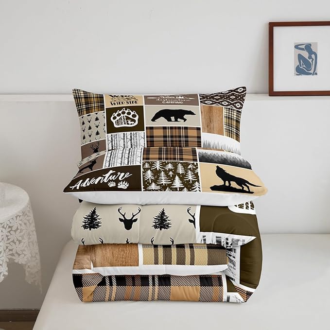 Rustic Farmhouse Kids Comforter Set King Size,Deer Antlers Bear Paws Plaids Patchwork Bedding Set for Boys Girls Adults Room Decor,Pine Trees Xmas Down Comforter,Brown Duvet Insert,2 Pillowcases
