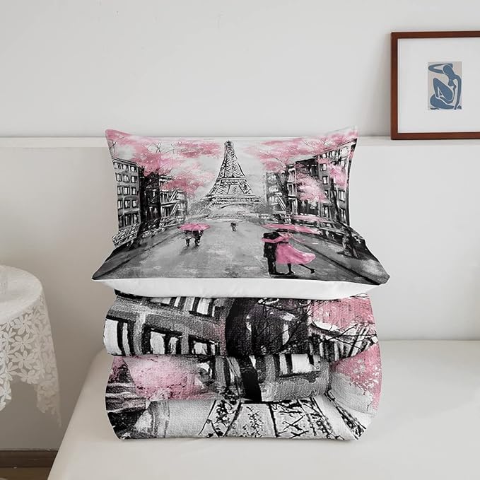 Paris Comforter Set French Eiffel Tower Bedding Sets King For Girls Kids Women Paris Themed Bedroom Decor Watercolor Cherry Blossoms Comforter Couple Retro Gray Building Quilted Duvet Pink Grey 3 Pcs