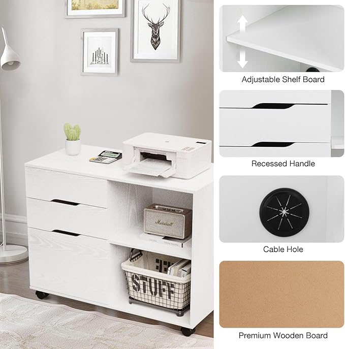 Sweetcrispy 3-Drawer File Cabinet, Lateral Mobile Filing Cabinet Wood Under Desk Storage Organizer with Wheels, Printer Stand & Open Shelves for Home Office Organization - White