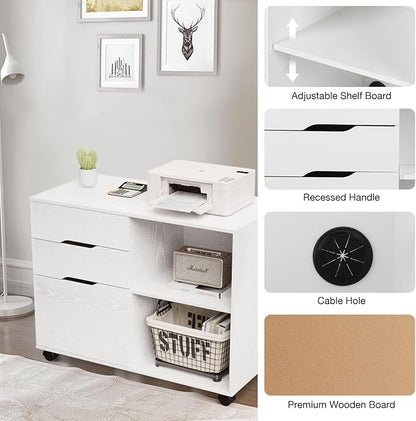 Sweetcrispy 3-Drawer File Cabinet, Lateral Mobile Filing Cabinet Wood Under Desk Storage Organizer with Wheels, Printer Stand & Open Shelves for Home Office Organization - White