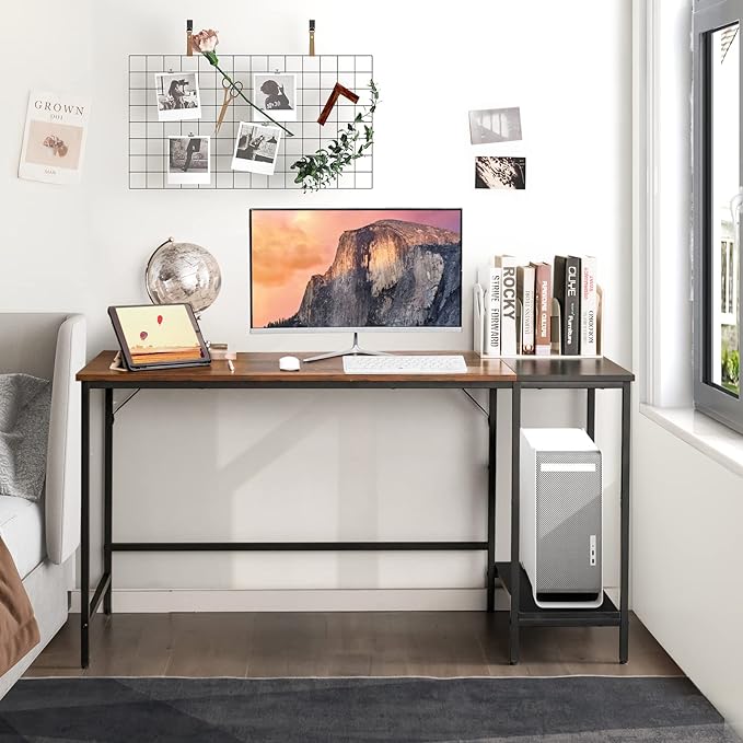 Multifunctional Computer Desk, Industrial Study Writing Desk w/Removable Storage Shelf, Heavy-Duty Metal Frame, 55 Inch Desk for Home Office, Gaming Room, Bedroom (Rustic Brown)