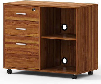 Maxtown Wood Filing Cabinet, Mobile Lateral Filing Cabinet with Lock, 3 Drawer Filing Cabinet with Open Storage Shelves, Printer Stand for Home Office, Teak