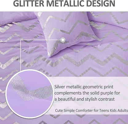 Purple/Silver Comforter Set Queen, Lavender Metallic Print Glitter Bedding Set Cute Shinny Lilac Bed Sets for Teen Girls Kids Women, 4 Piece (2 Pillowcases, 1 Decorative Pillow Sham)