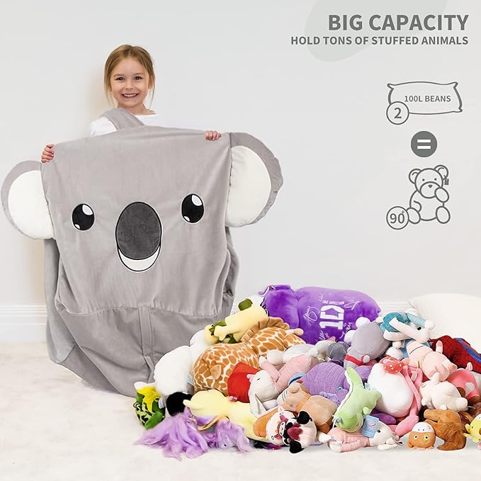Aubliss Stuffed Animal Storage Bean Bag Chairs for Kids, Velvet Extra Soft Beanbag Chair Cover, X-Large Stuffable Zipper Bean Bag for Organizing Plush Toys Boys Girls, Koala