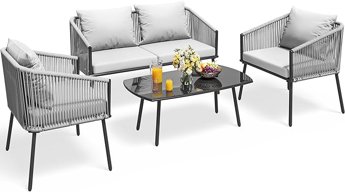 YITAHOME 4-Piece Patio Furniture Outdoor Bistro Set, All Weather Double Gray Rope Conversation Loveseat for Backyard, Balcony, Deck with Soft Cushions and Metal Table (Gray)