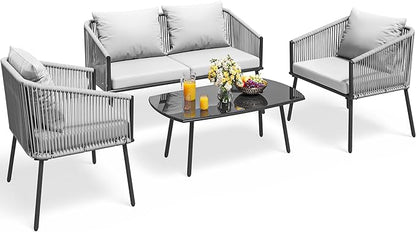 YITAHOME 4-Piece Patio Furniture Outdoor Bistro Set, All Weather Double Gray Rope Conversation Loveseat for Backyard, Balcony, Deck with Soft Cushions and Metal Table (Gray)