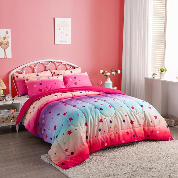 Twin/Twin XL Comforter Set for Girls Rainbow Bedding Set 2 Pieces with Multicolor Stars Pink Comforter Set Twin Size with Pillowcase for Kids, Teenagers
