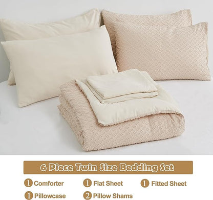 Twin Size Tufted Kids Comforter Set 6 Piece Beige Jacquard Tufts Embroidery Bedding Set for Boys Girls Bed in A Bag Quilt with 1 Comforter, 1 Flat Sheet, 1 Fitted Sheet, 1 Pillowcase and 2 Pillow Sham