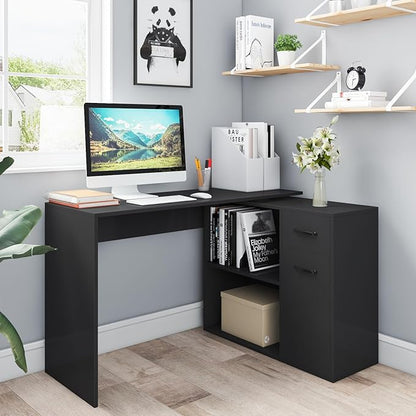 L-Shaped Rotating Computer Desk with Storage Shelves 68 inch Home Office Desk Corner with Drawers and File Cabinet Multipurpose Study Writing Table for Bedroom Small Space Black