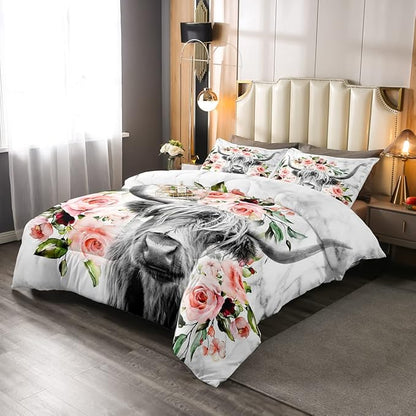 Erosebridal Highland Cow Flower Comforter Set Queen Size Bull Cattle Bedding Set Western Funny Animal Bedding Set Wildlife Farmhouse Cow Quilt Set Rose Grey Marble Comforter Set
