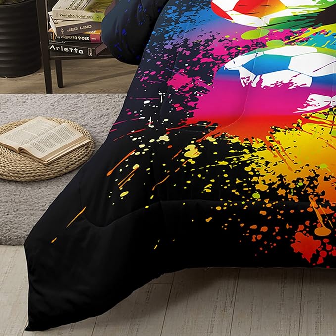 Bodhi Boys Teen Comforter Set Queen,Soccer Comforter Set Queen,Boys Sports Comforter Set Queen,Rainbow Graffiti Football Bedding Set for Boys,Kids,Teens with Matching Pillowcases