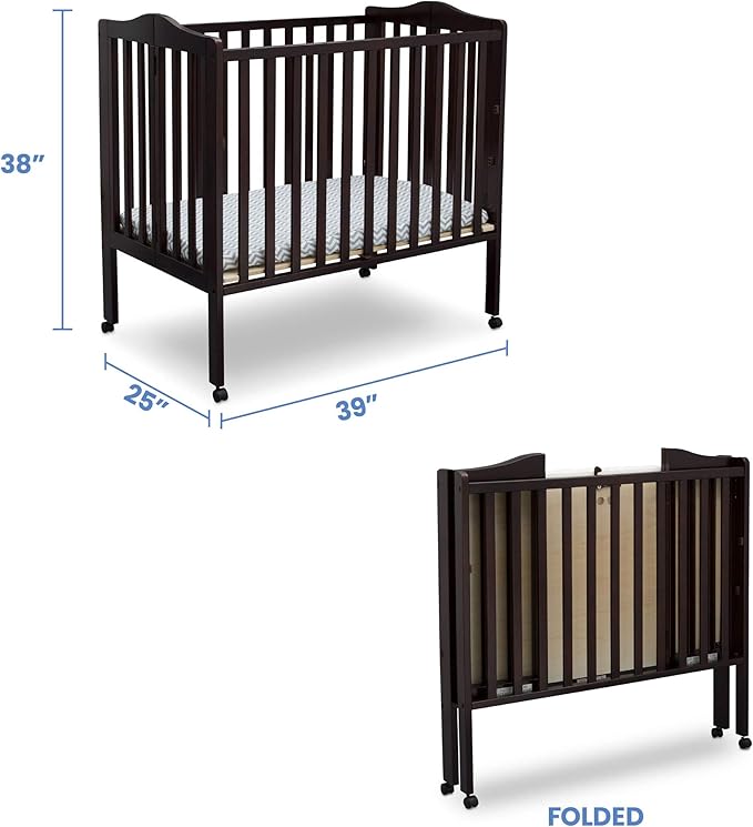 Delta Children Folding Portable Mini Baby Crib with 1.5-inch Mattress, Dark Chocolate