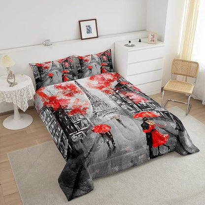 Eiffel Tower Comforter Set Full Size For Girls Women Romantic Paris Street Bedding Sweet Couple Lover Red Flowers Floral Quilted Duvet French Style Down Comforter Chic Paris Cityscape Comforter