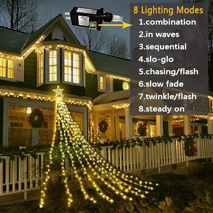 Christmas Lights Outdoor, Aokudoni 12.6ft 8-Lighting Modes Waterfall Lights for Christmas, Outdoor Christmas Decorations for Yard, Christmas Lights for Tree House Holiday Party, Warm White