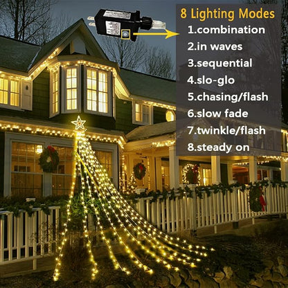 Christmas Lights Outdoor, Aokudoni 12.6ft 8-Lighting Modes Waterfall Lights for Christmas, Outdoor Christmas Decorations for Yard, Christmas Lights for Tree House Holiday Party, Warm White