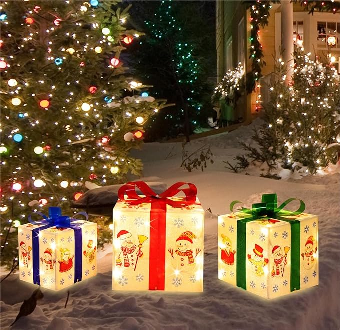 [Large 8.5"x7"x6" Christmas Set of 3 Lighted Gift Boxes Decorations Pre-lit 70 Super-Bright LED with Flashers,for Indoor Outdoor Christmas Tree Skirt Ornament Pathway Holiday Party Home