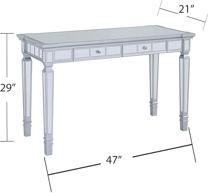 SEI Furniture Glenview Glam Mirrored Writing Desk w/ Drawers, Matte Silver