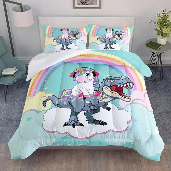 Unicorn Comforter Set 3Pcs Cartoon Dinosaur Kids Bedding Set Rainbow Cloudy Star Bed Set with 1 Comforter and 2 Pillowcases