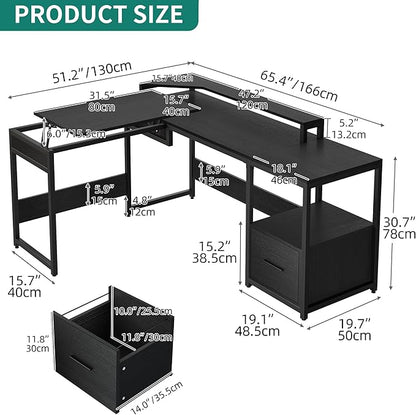 YITAHOME L Shaped Desk with File Drawer, 65" Large Computer Desk Corner Desk with Lift Top, Standing Desk Height Adjustable with Monitor Stand & Storage Shelves for Home Office, Black