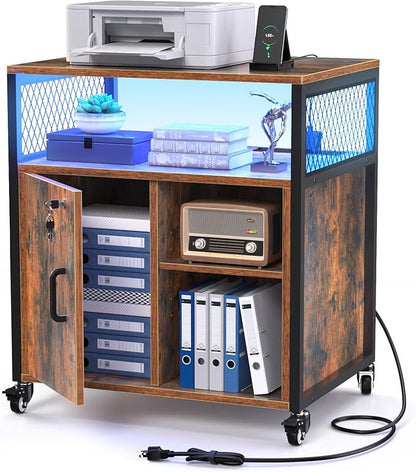 LED Rolling Wheels Filing Cabinet with Lock, File Cabinets with Charging Station, Printer Stand with Storage for Office Home, A4 Letter Size File Folders