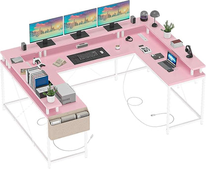 U Shaped Computer Gaming Desk, Reversible L Shaped Desk with Power Outlets, LED Strip & Monitor Stand, Large Corner Desk with Storage Shelves for Home Office,Deep Pink