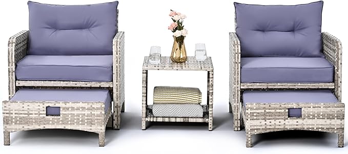Pamapic 5 Pieces Outdoor Patio Wicker Chairs Set with Ottoman .Outside Conversation Furniture Set with Cushions and Coffee for Balcony Porch Lawn Garden Table (Purple Cushion + Grey Rattan)