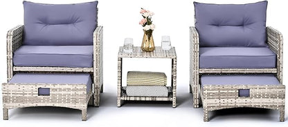Pamapic 5 Pieces Outdoor Patio Wicker Chairs Set with Ottoman .Outside Conversation Furniture Set with Cushions and Coffee for Balcony Porch Lawn Garden Table (Purple Cushion + Grey Rattan)