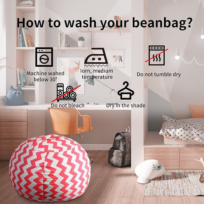 Stuffed Animal Storage Bean Bag Chairs Toy Storage Organizer Bean Bags Chair Cover for Kids 24" Cotton Canvas Beanbag with Zipper for Organizing Kid's and Adults Room and Adults, Pink wave
