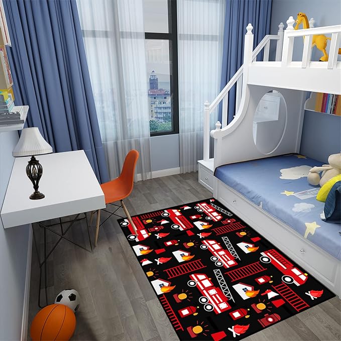 Car Play Rug Fire Fighting Truck Area Rug Car Rug Play Mat Kids Rugs for Playroomcar Rug for Boys Room Carpet Floor Mat for Bedroom Living Room,Black 4'×5'