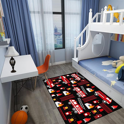 Car Play Rug Fire Fighting Truck Area Rug Car Rug Play Mat Kids Rugs for Playroomcar Rug for Boys Room Carpet Floor Mat for Bedroom Living Room,Black 4'×5'
