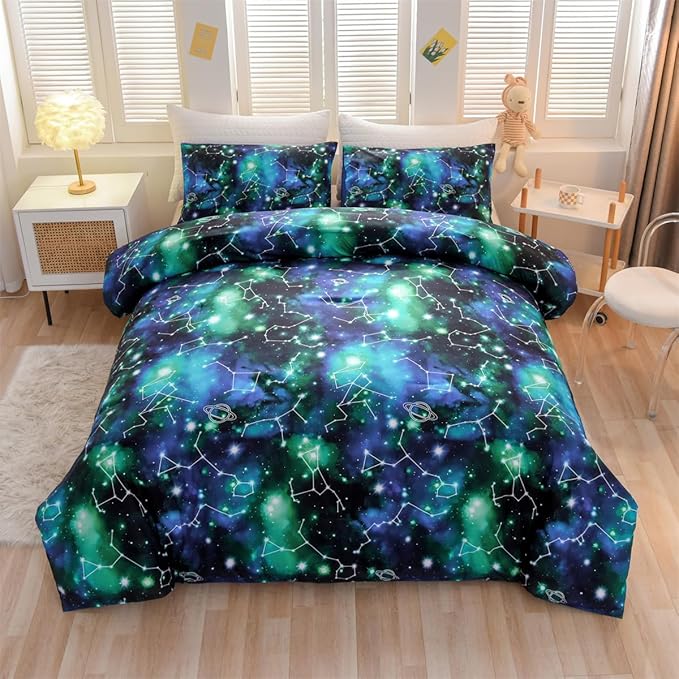 Holawakaka Tie Dye Constellation Print Ombre Comforter Set Full Size Girls Boys Gradient Galaxy Bedding Set (Black Green,Full)