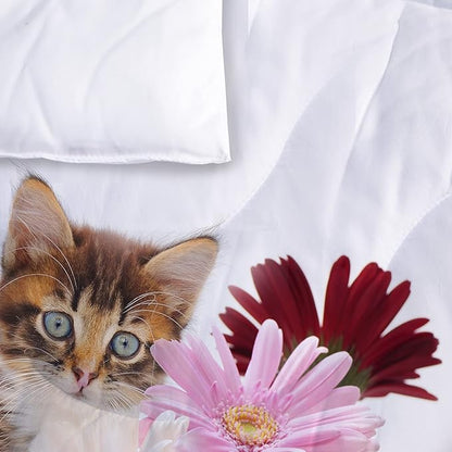 Cat Comforter Set Twin Size for Kids Pink Flowers Cats 3Pcs Bedding Set for boys and Girls (1Summer Comforter+ 2 Pillowcases) Lovely Animal Pets Duvet Set