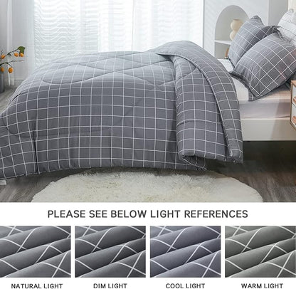 Andency Grey Grid Comforter Set King Size (104x90 inch), 3 Pieces (1 Grey Comforter and 2 Pillowcases), Summer Lightweight Microfiber Down Alternative Bedding Comforter Sets with White Lines