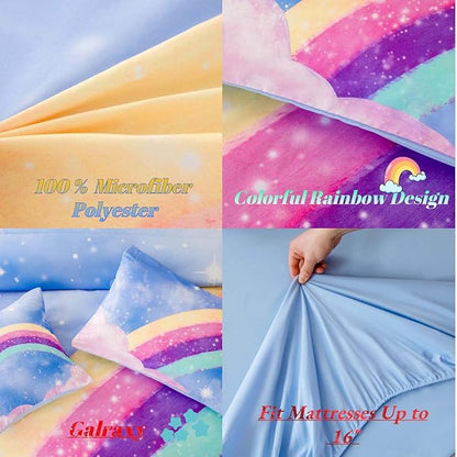 Sky Blue Teen Rainbow Comforter Set Queen Size for Girls, 6 Pieces Galaxy Gradient Bed in A Bag, 3D Galaxy Kids Bedding Comforter Sets with Comforter, Sheets and Pillowcases