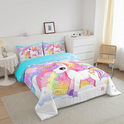 Manfei Cute Unicorn Kids Comforter Set Twin Size,Rainbow Stars Cloud Dreamy Bedding Set,Girls Women Room Decor,Cartoon Animals Castle Girly Down Comforter,Pink Blue Unique Duvet Insert,1 Pillowcase