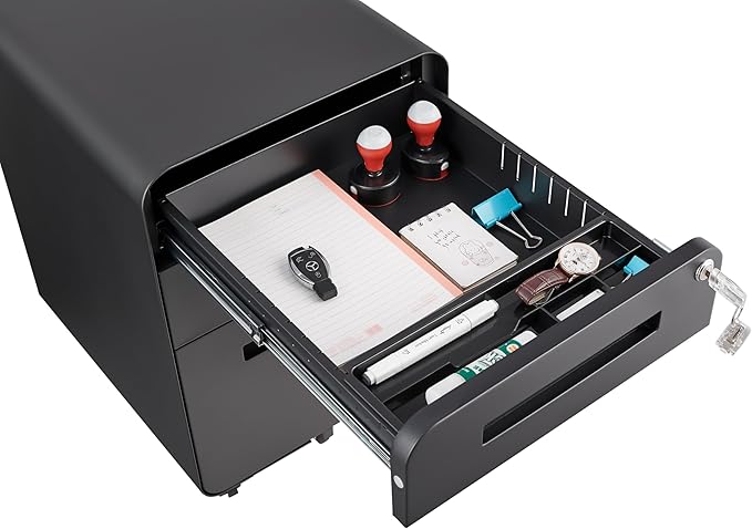 3 Drawer Mobile Desk Office with Lock and Wheels,Versatile Storage Cabinets w/Anti-Tilting Cold Rolled Steel Waterproof Moisture-Proof,for Legal/Letter/A4 Files,Black
