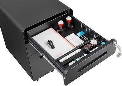 3 Drawer Mobile Desk Office with Lock and Wheels,Versatile Storage Cabinets w/Anti-Tilting Cold Rolled Steel Waterproof Moisture-Proof,for Legal/Letter/A4 Files,Black