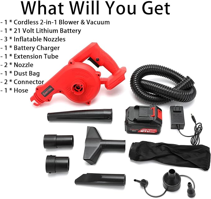 Mini Leaf Blower Red,2-in-1 Cordless Small Blower with 4.0Ah Battery and Charger,21v Blower for Inflating,Blowing Leaf,Clearing Dust & Small Trash,Car by SHINTYOOL