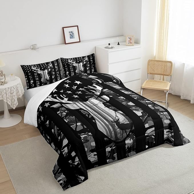 Black Grey Camo Comforter Set Queen,Camouflage American Flag Bedding Set, Deer Antlers Silhouette Quilt Set 3 Pcs for Kids Teens Adults Room Decor,Wild Animal Natural Duvet Insert with 2 Pillowcases