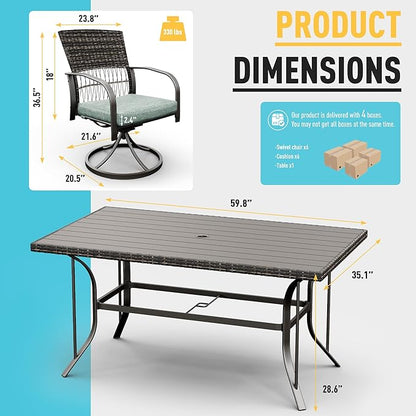 Pamapic 7 Piece Patio Dining Set for 6,Wicker Outdoor Furniture Set for Backyard Garden Deck Poolside with Iron Slats Table Top,6 Cushions Swivel Rocker Chairs,Removable Cushions(Green)