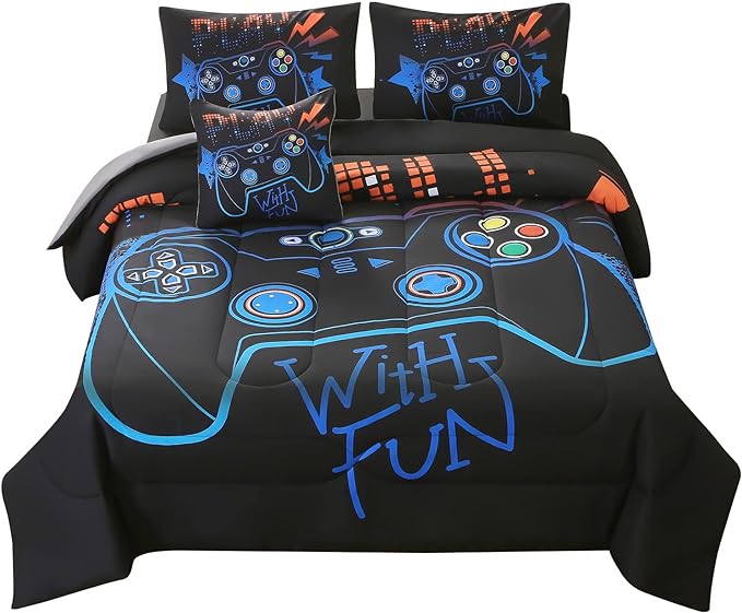JQinHome Full Gaming Comforter Sets for Boys,6 Piece Bed in A Bag 3D Video Game Bedding -All Season Soft Microfiber Gamer Bedding Sets for Kids,Pillowcase, Flat Sheet, Fitted Sheet,Cushion Cover